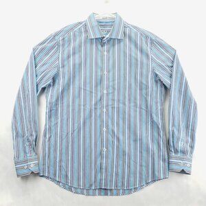 Bugatchi Uomo Shirt Mens Large Aqua Blue White Striped Shaped Fit Flip Cuffs